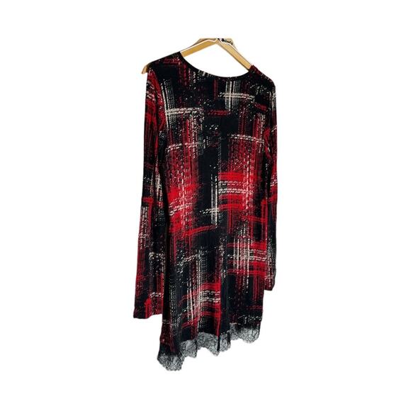 Womens Logo Black Red Plaid long sleeve Scoop Neck lace trim Tunic Dress Medium - Picture 2 of 6